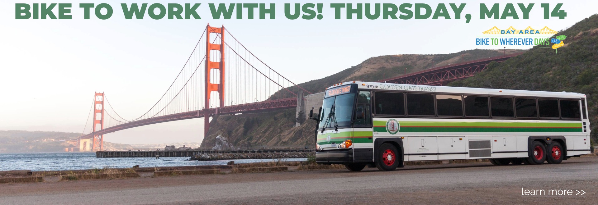 Bus at the Golden Gate Bridge with title bike to work with us